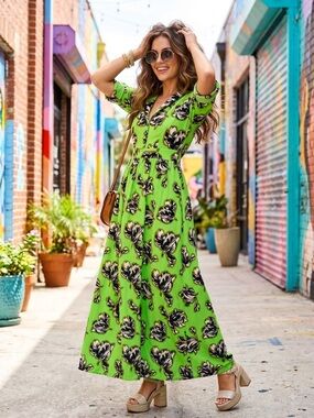 NWT BABR Bright Green Floral Leaves Maxi Dress Short Sleeve Shirt Collar SZ S